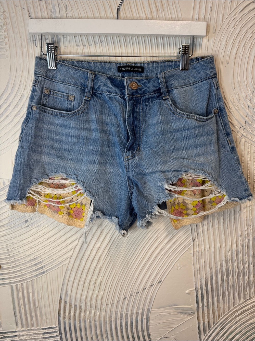 Sincerly Jules Mid-Wash Denim Shorts with Floral Crochet Insets N0487